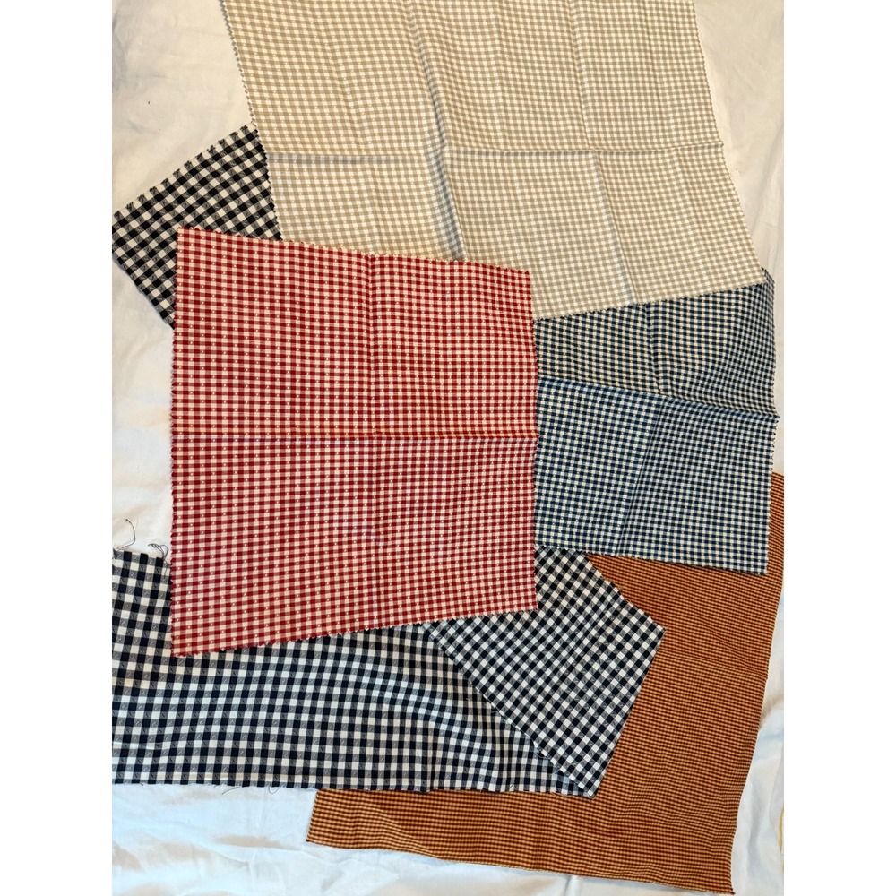 Lot of 5 Vintage new type Fabric‎ Gingham check red biege black blue remnants